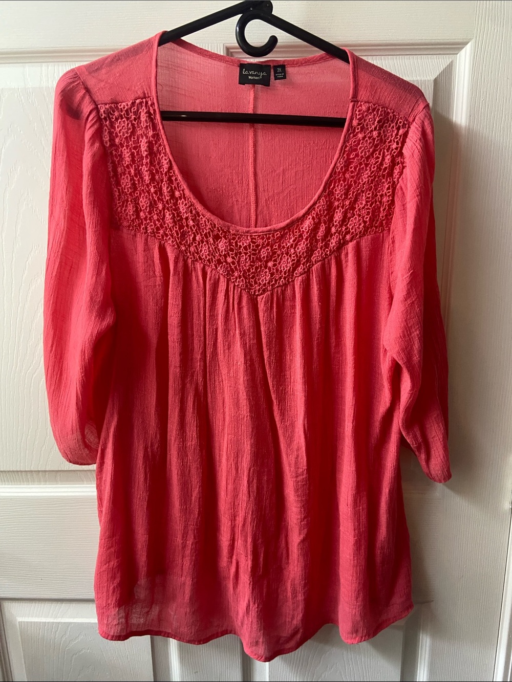 La Vanya Woman Crochet Yoke Peasant Top - Coral Pink  plus 2X